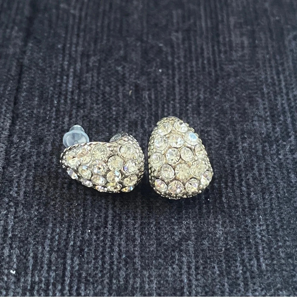 Crystal Rhinestone Encrusted Silver Enamel Huggie Earrings